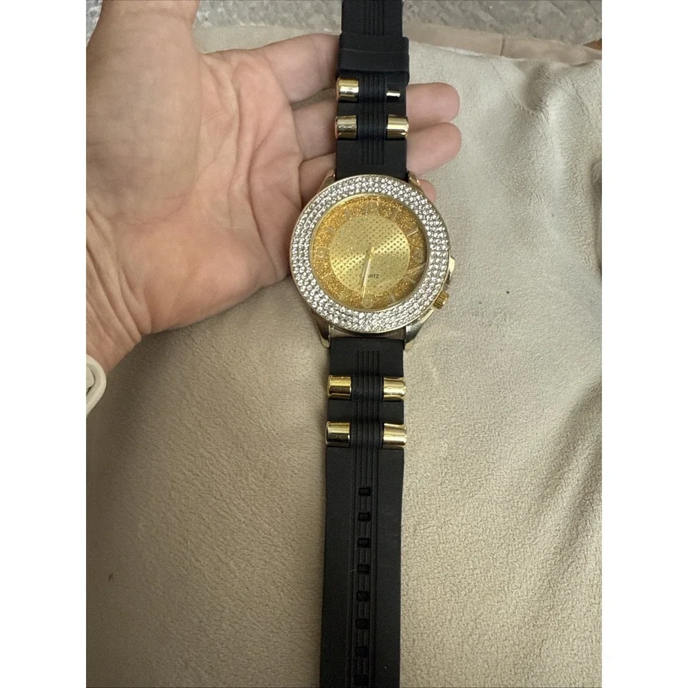 Unisex Watch Luxury‎ Hip Hop Full Iced Face Gold Finished Black   Band  4303